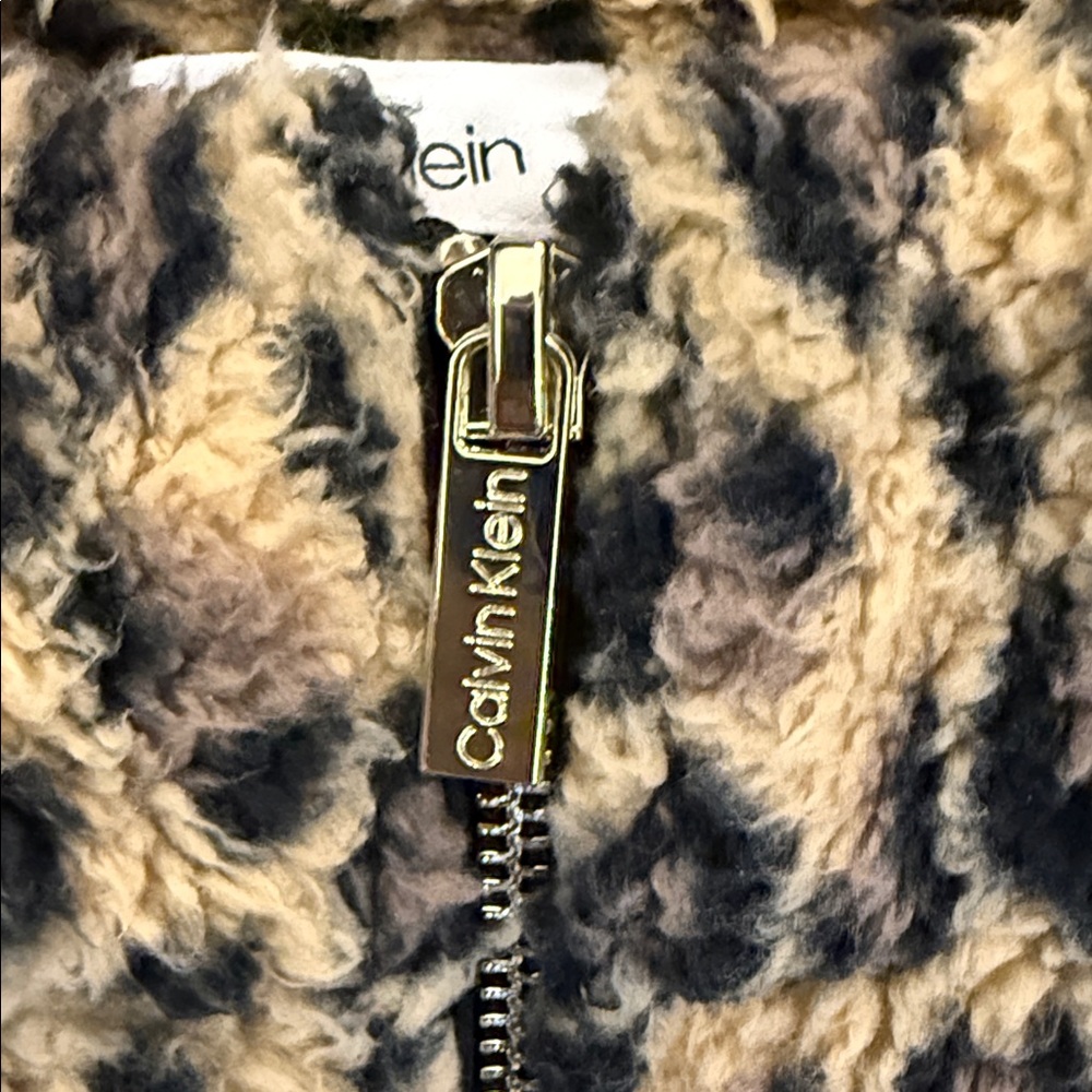 Calvin Klein Leopard Fleece Vest Sherpa Zip Pockets Size Large - Picture 4 of 14